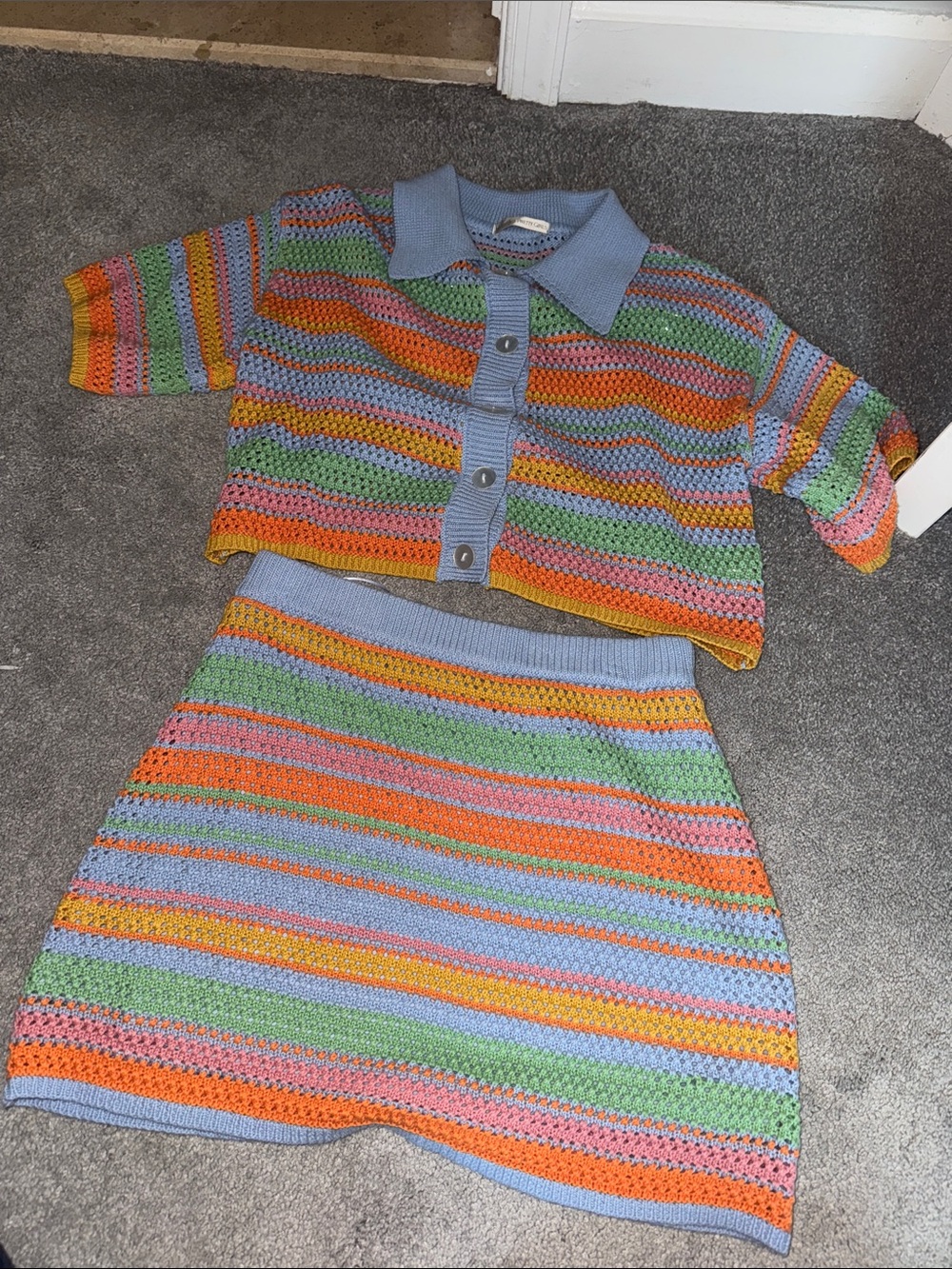 Pastel Striped Crochet Polo Sweater Set - Multicolor